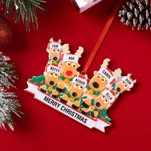 Personalized Reindeer Family Christmas Ornament with Custom Names, Resin, Merry Christmas text, festive decor