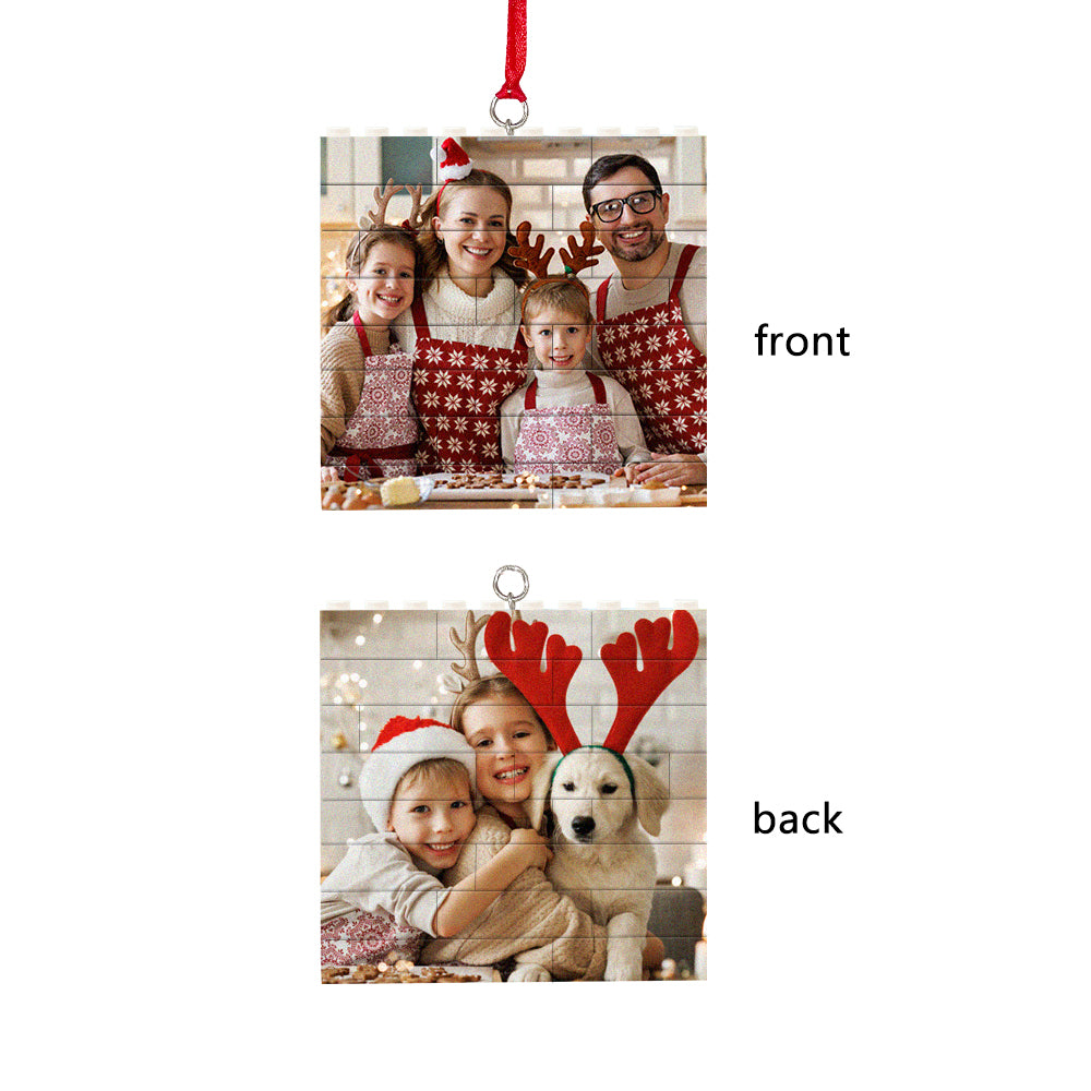 Personalized family photo Christmas ornament, square brick design, front and back printing, festive holiday decor
