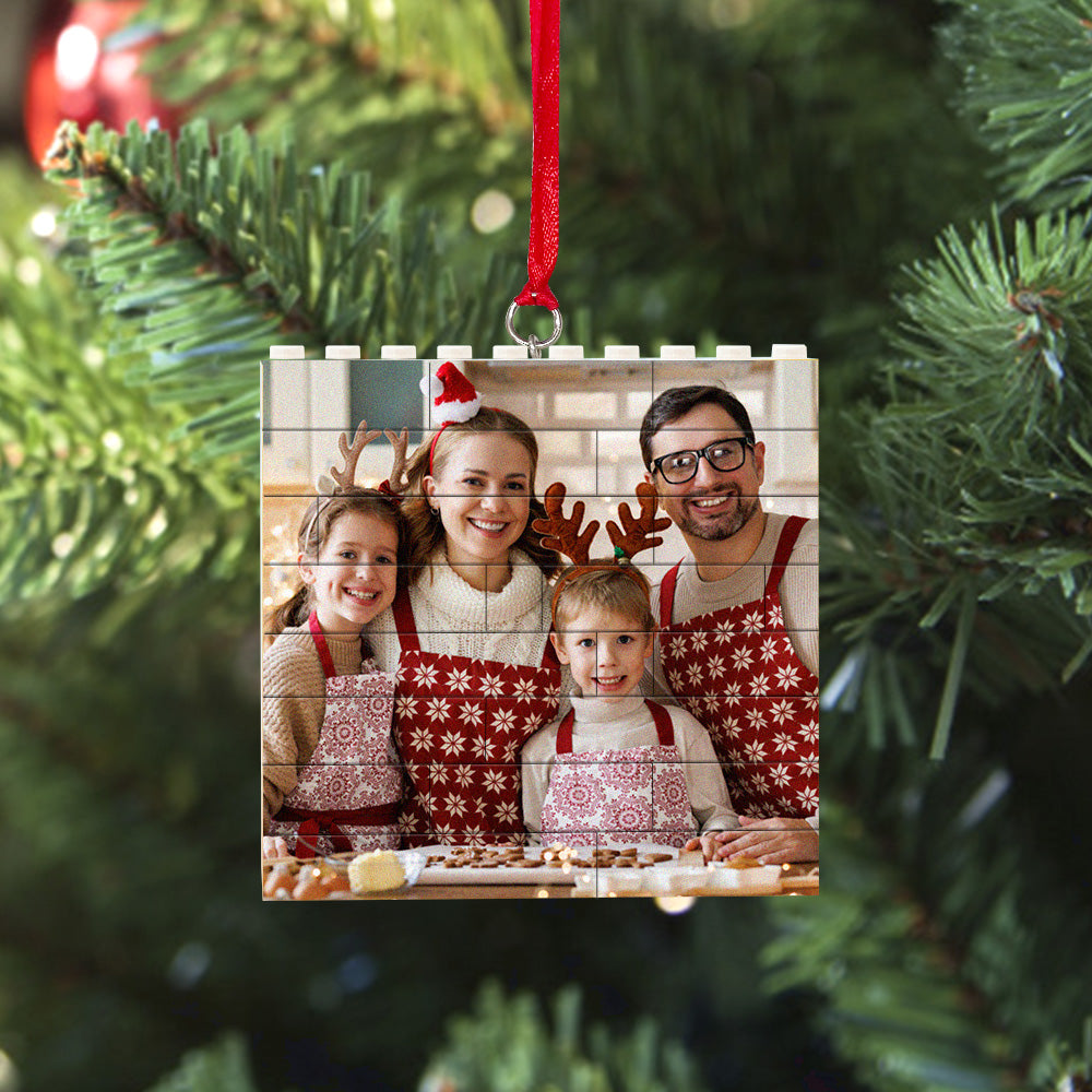 Personalized family photo Christmas ornament, square brick puzzle design, festive holiday decor