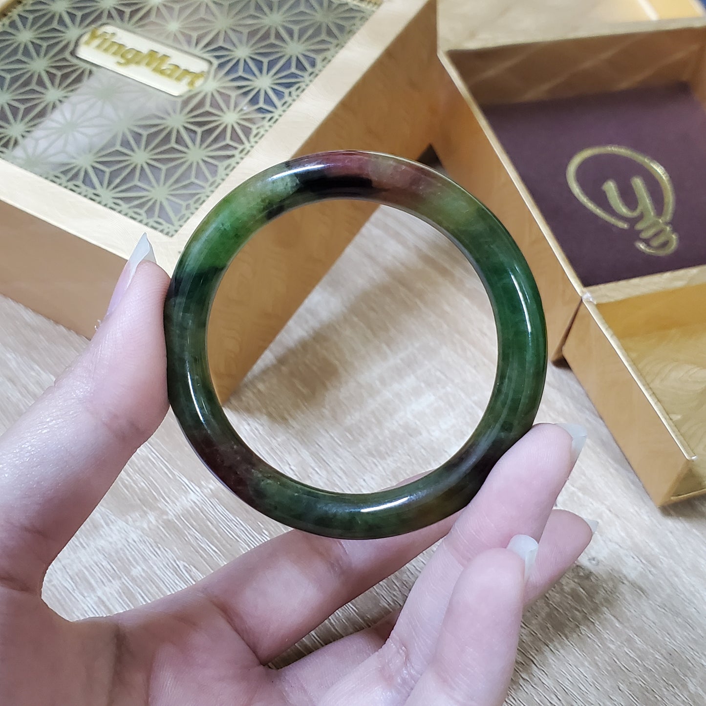 High Quality 48–50 mm Jadeite Jade Bangle Dark Green Mix Red Black YingMart Burmese Gift for Her Grandmother Sister Mother Mens Feng Shui