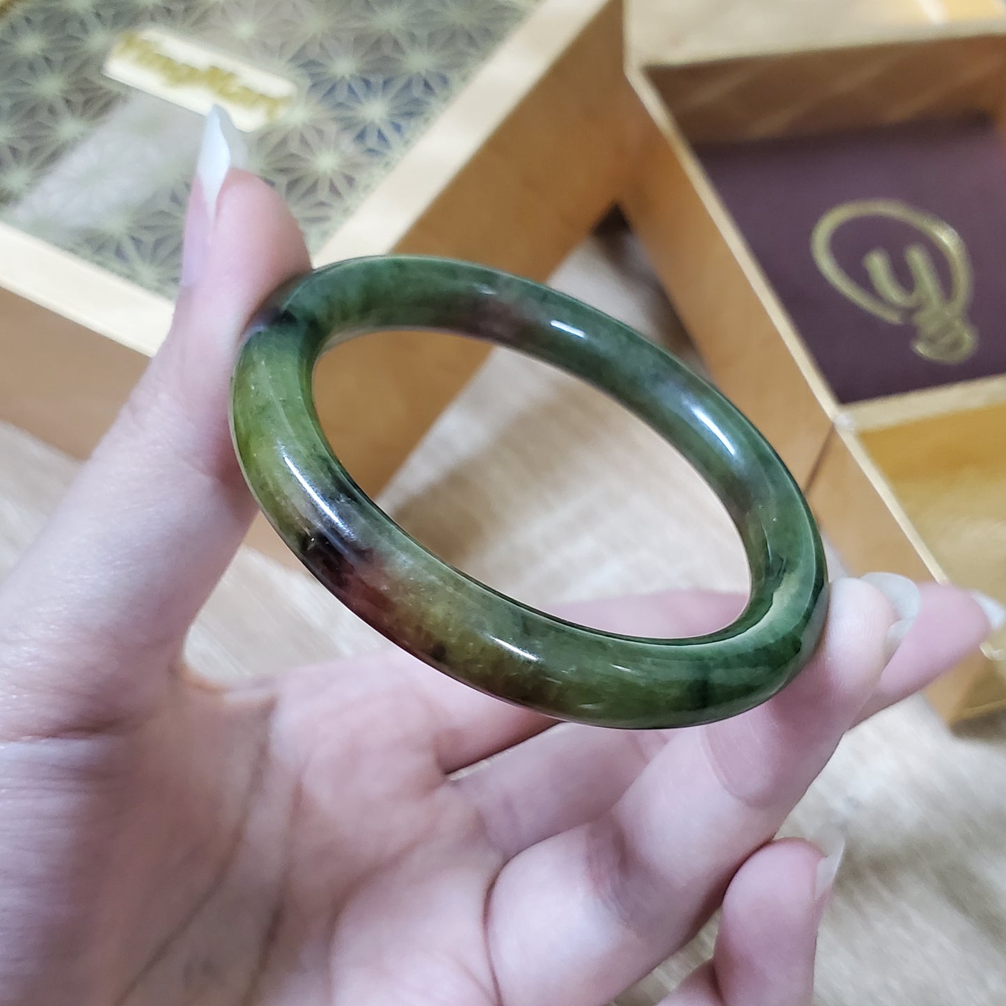 High Quality 48–50 mm Jadeite Jade Bangle Dark Green Mix Red Black YingMart Burmese Gift for Her Grandmother Sister Mother Mens Feng Shui
