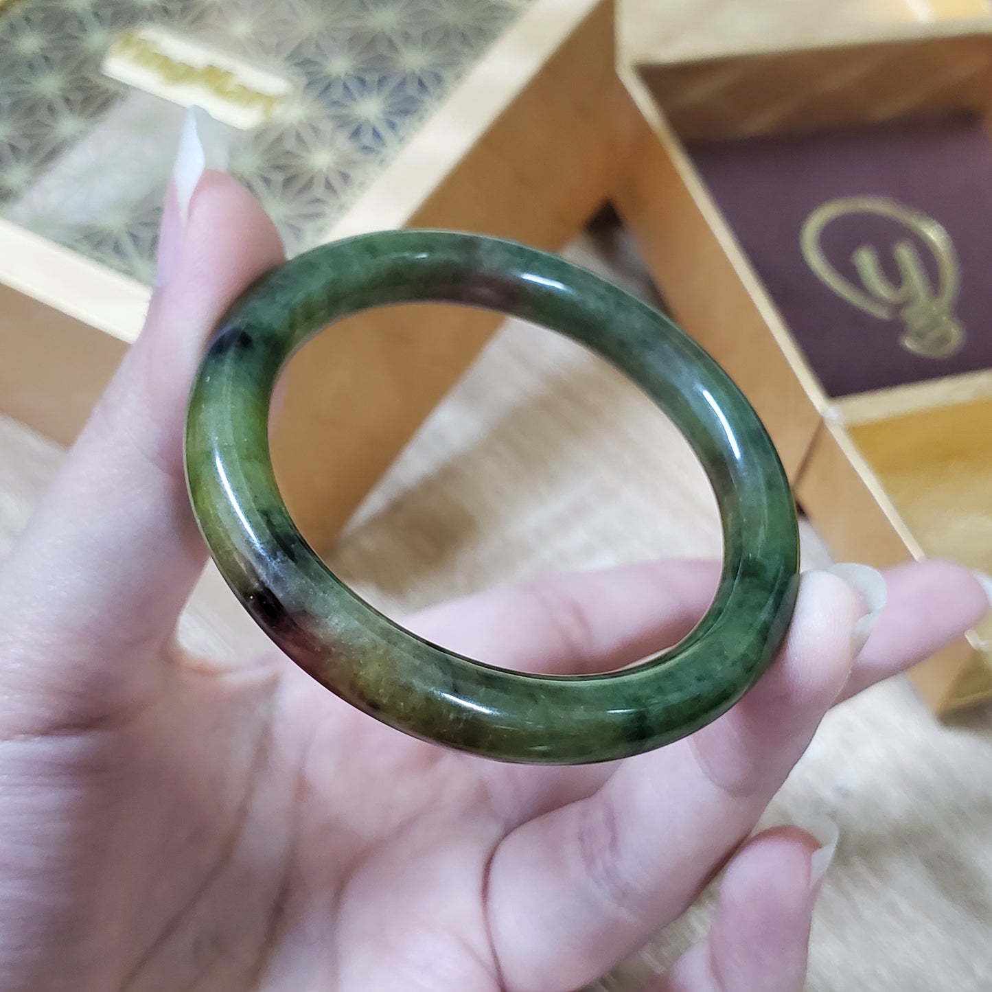 High Quality 48–50 mm Jadeite Jade Bangle Dark Green Mix Red Black YingMart Burmese Gift for Her Grandmother Sister Mother Mens Feng Shui