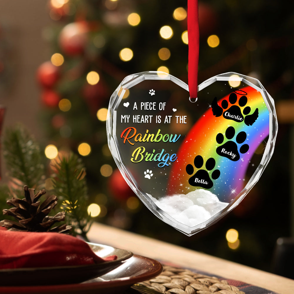 Personalized glass heart ornament for dog mom with rainbow bridge design and paw prints