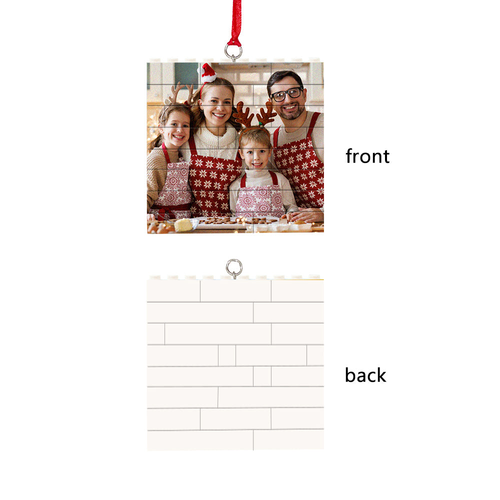 Personalized family photo Christmas ornament with brick design, square shape, festive decor