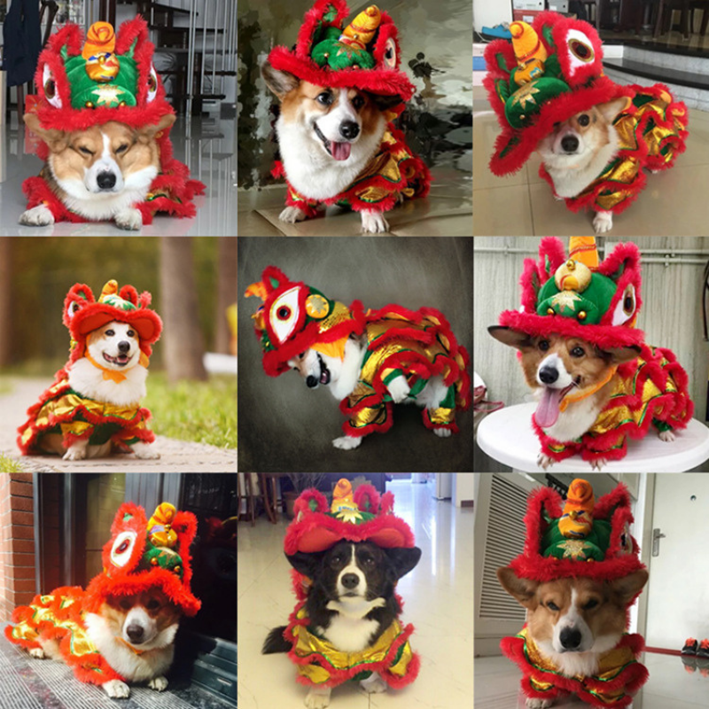 Pet Costume Small Large Dogs Cats Lion Dance Style Halloween New Year Party Cosplay Cat Hat Shirt