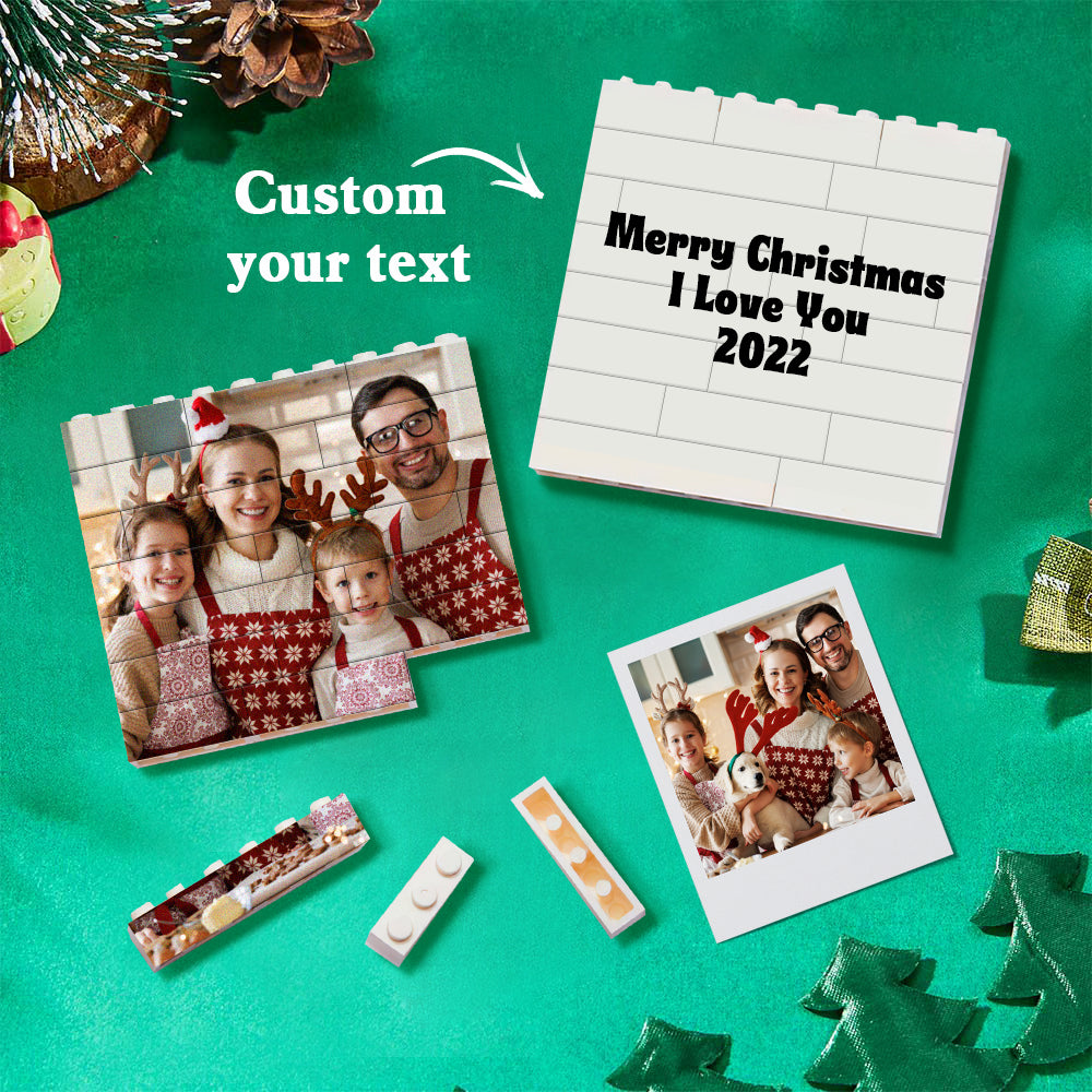 Personalized building brick photo block Christmas ornament, custom family photos and text, festive holiday decor.