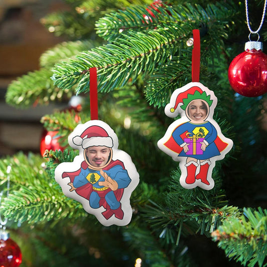 Superman and Superwoman Christmas ornaments. Personalized holiday tree decorations.