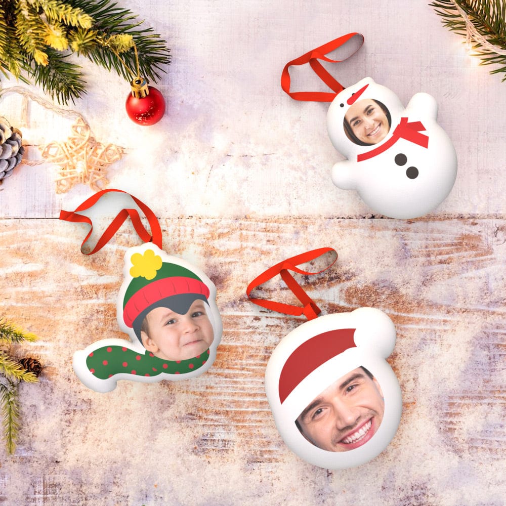 Custom Christmas ornaments featuring snowman, Santa Claus, and elf faces for Christmas gift, polyester material