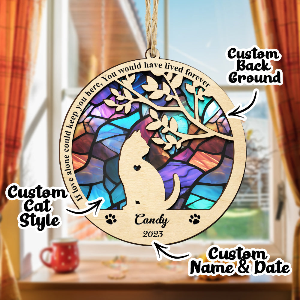 Personalized cat memorial suncatcher with custom stained glass and name, a pet sympathy gift.