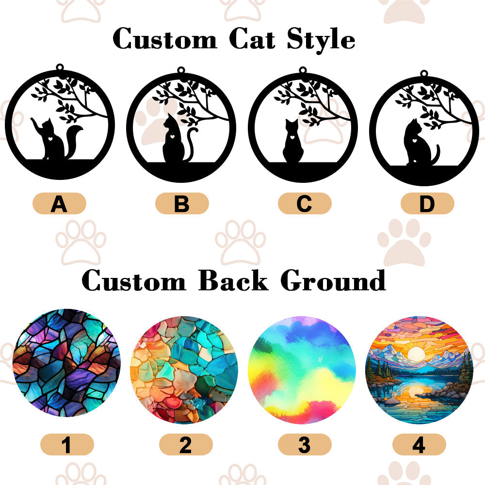 Custom Cat Memorial Suncatcher options: Styles A-D with cat silhouettes, Backgrounds E-H, pet loss gift.
