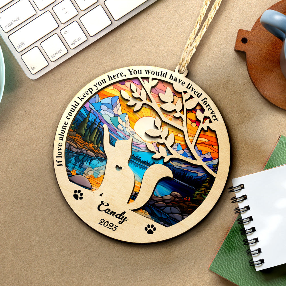 Custom cat memorial suncatcher with wood frame and stained glass design, pet loss sympathy gift.