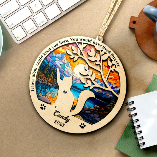 Custom cat memorial suncatcher with wood frame and stained glass design, pet loss sympathy gift.