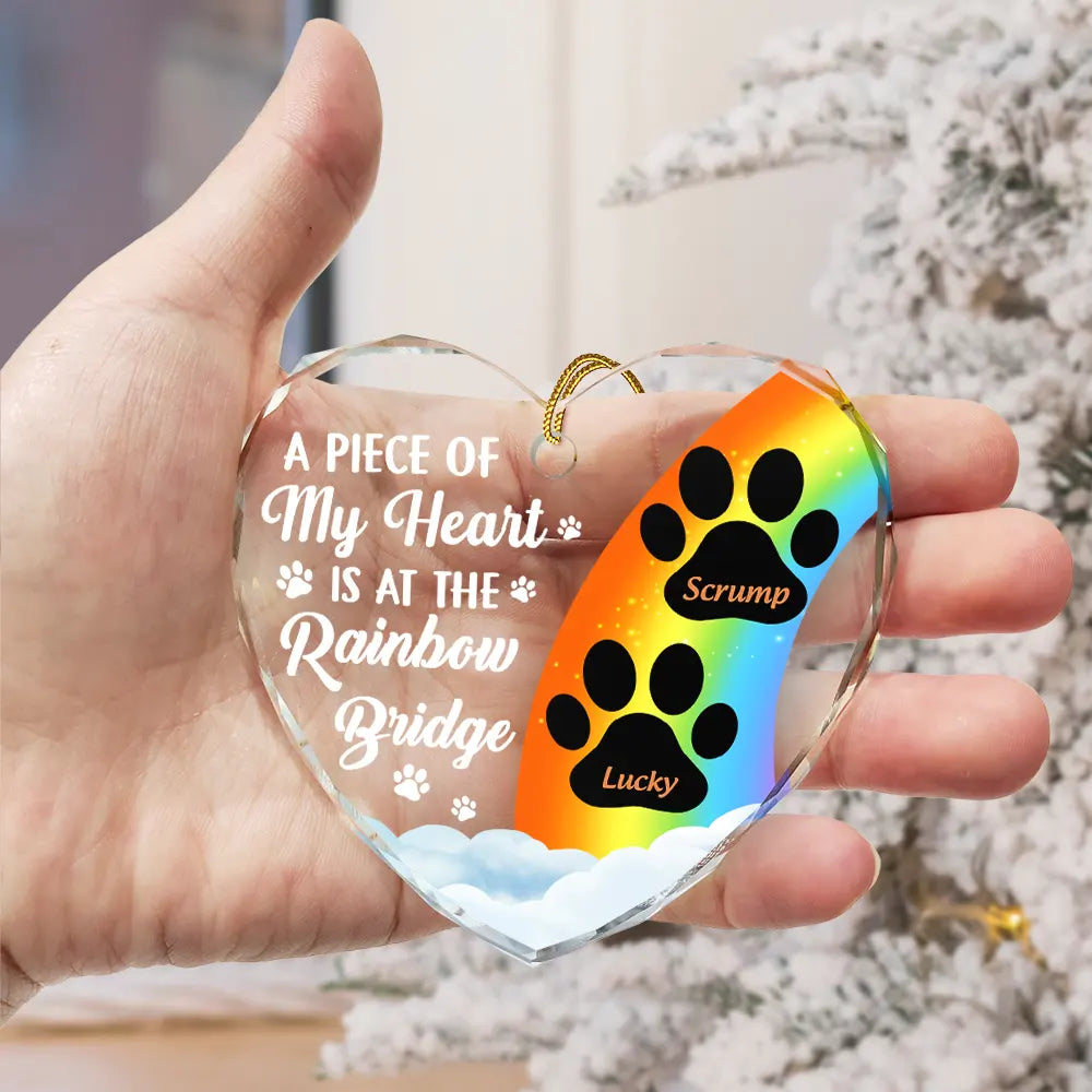 Personalized Rainbow Bridge memorial ornament with paw prints. Glass heart-shaped pet memorial for dog or cat, custom name.