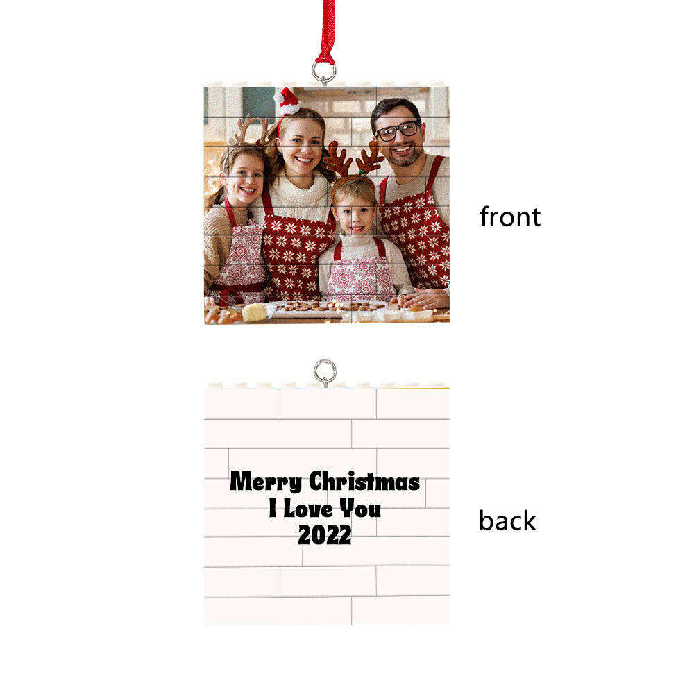 Personalized Christmas ornament with family photo, square brick design, and custom text.