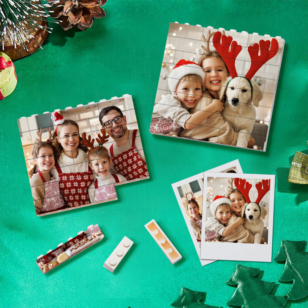 Personalized Christmas ornament photo block featuring family photos, square brick design, festive holiday decor.