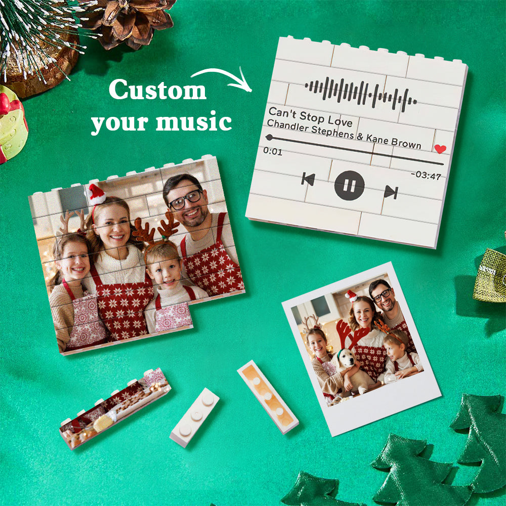 Custom photo block Christmas ornament with family images, square brick design, festive decor.