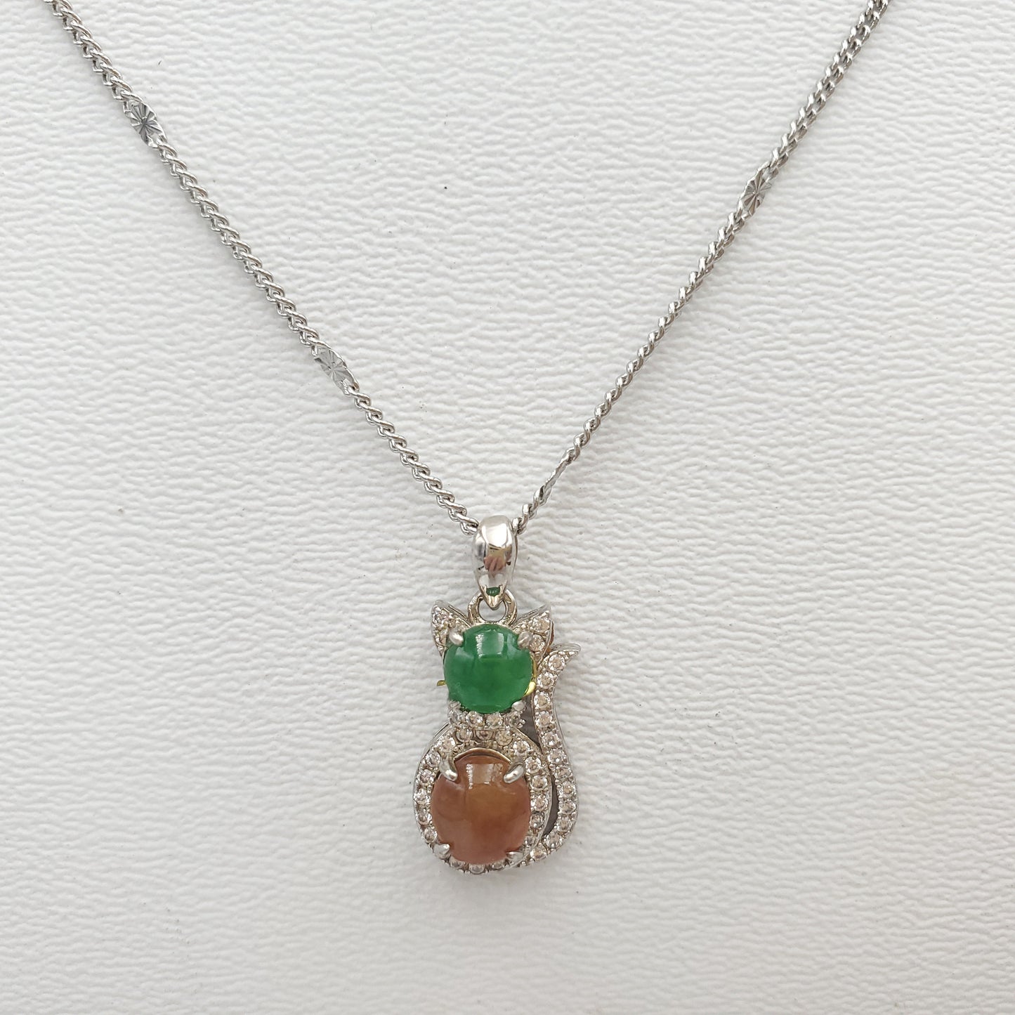 Genuine Icy Orange Green Burmese Type A Jadeite Jade Gemstone Cat Pedants Made With 925 Sterling Silver Plated With 18k White Gold, CZ