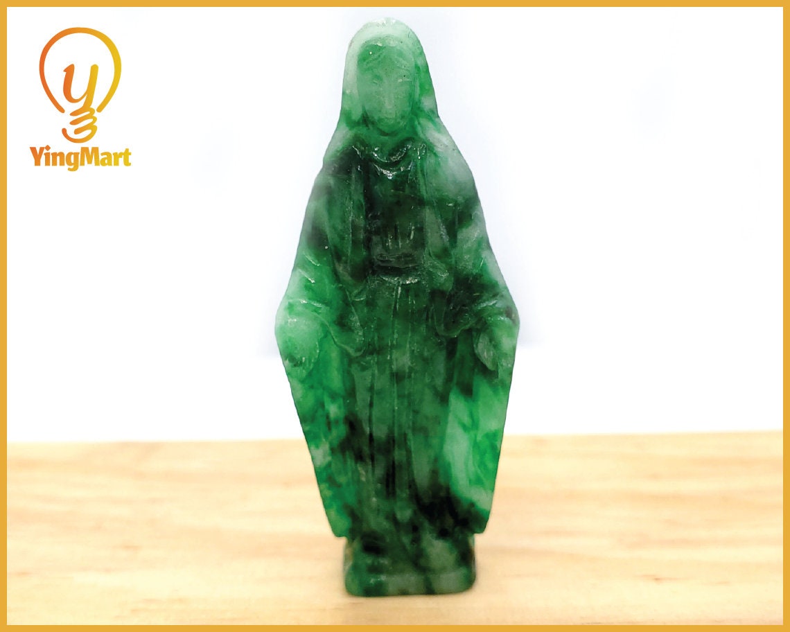 Yingmart PJG06 Green Natural Jade Stone Carved Statue of Blessed Mother Jadeite, Protection, Good Luck