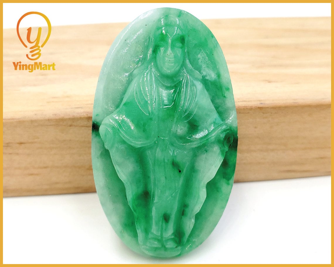 Yingmart Green Natural Jade Stone Carved Statue of Blessed Mother Jadeite, Protection, Good Luck