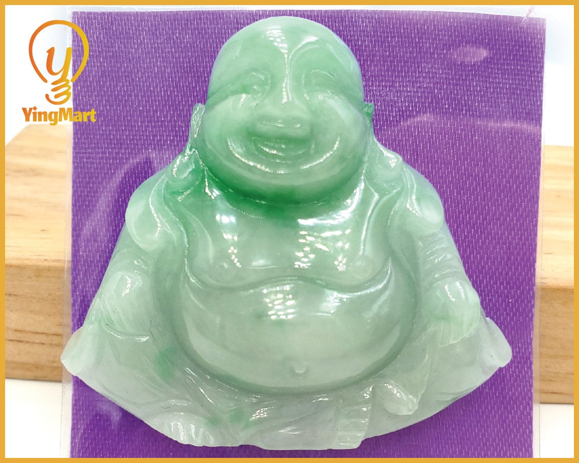 Yingmart Light Green Natural Jade Stone Carved Statue of Buddha Jadeite, Protection, Good Luck