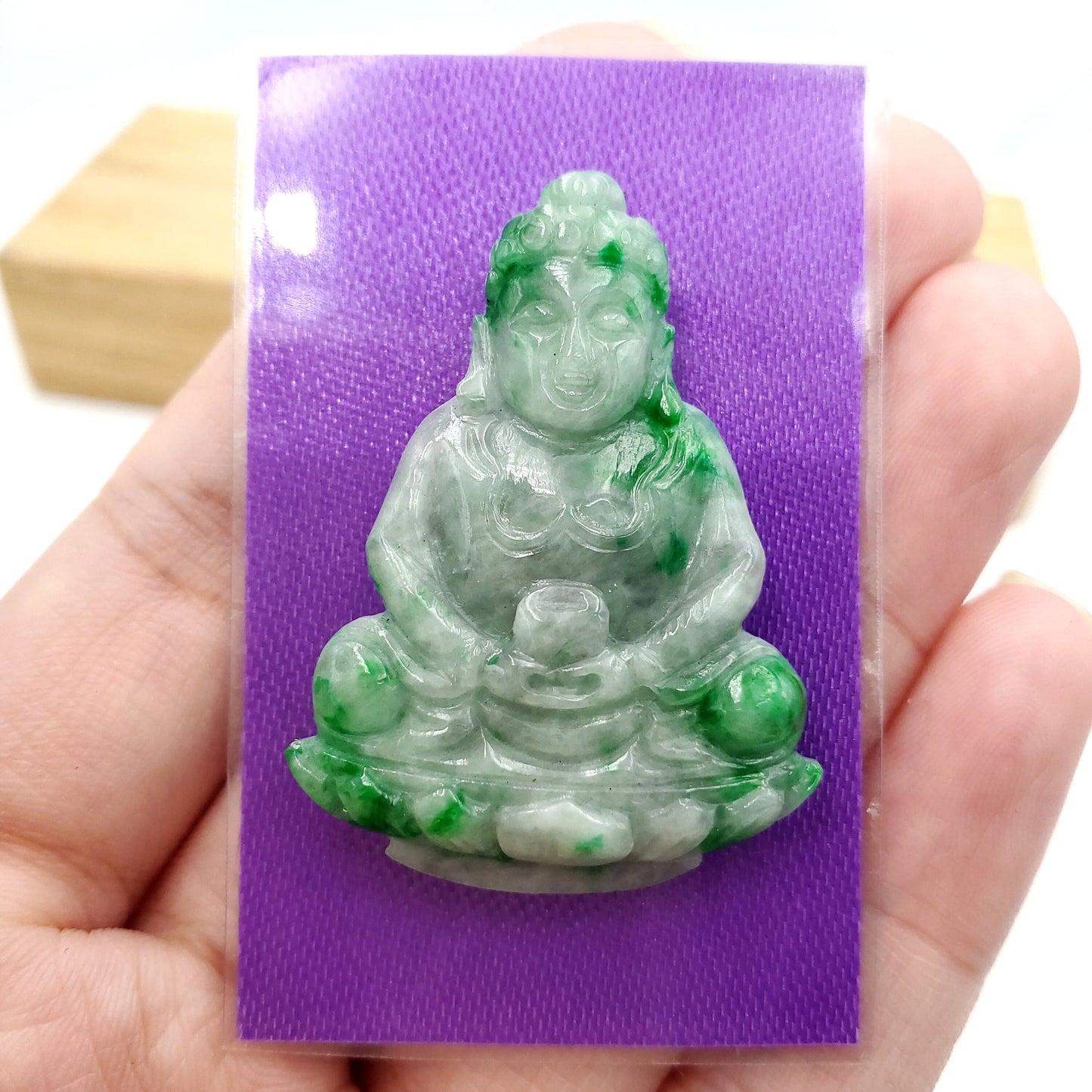 Yingmart White Green Spot Natural Jade Stone Carved Statue of gautama Buddha Jadeite, Protection, Good Luck