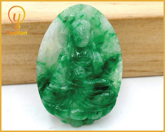 Yingmart PJG22 White Green Spot Natural Jade Stone Carved Statue of gautama Buddha Jadeite, Protection, Good Luck