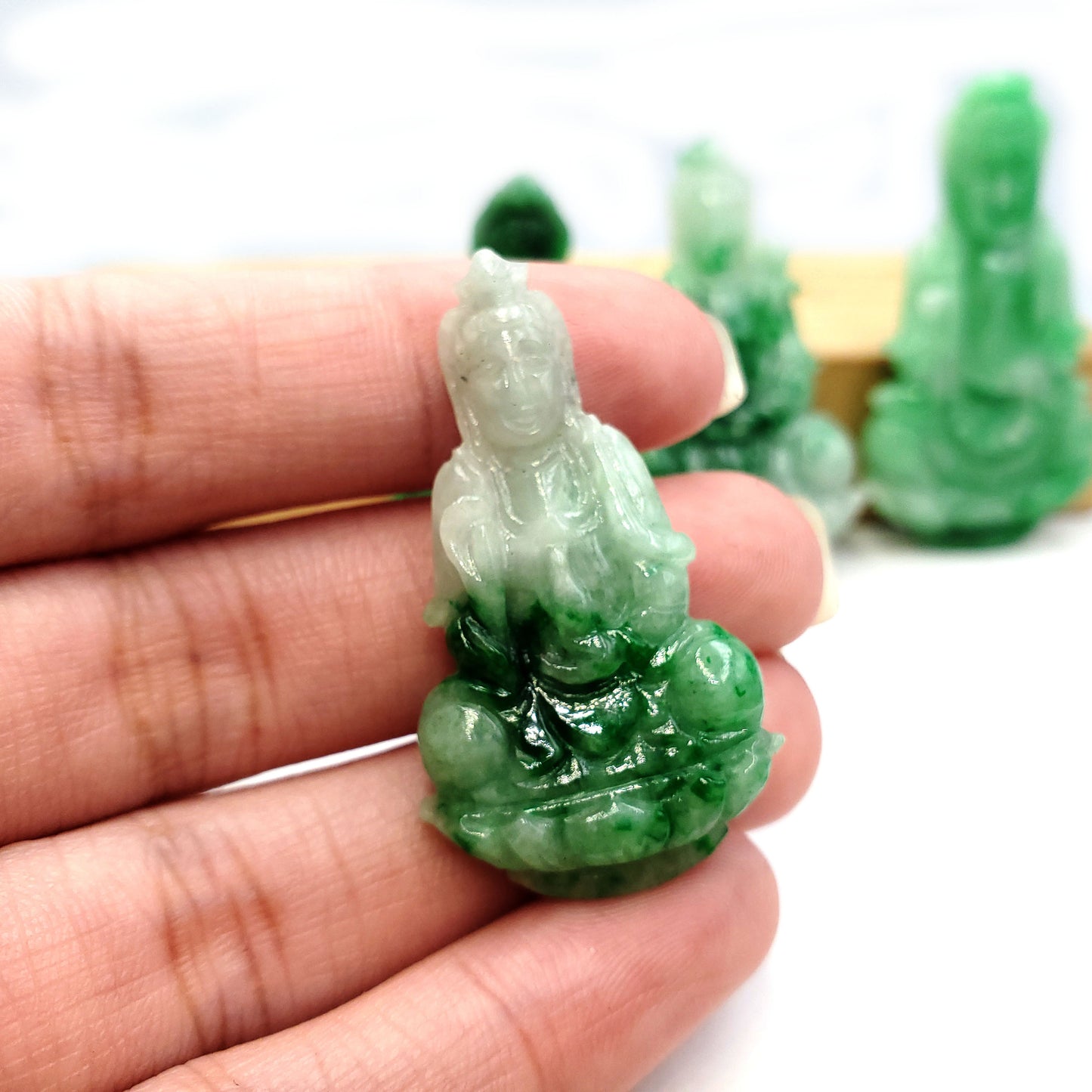Yingmart Green Natural Jade Stone Carved Statue of Bodhisattva Jadeite, Protection, Good Luck