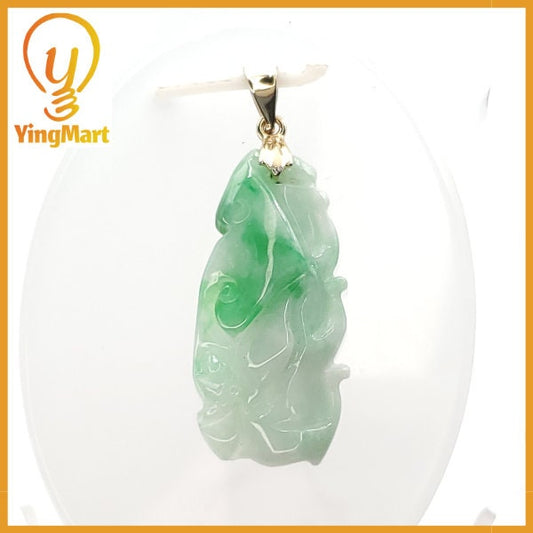 Yingmart  White Apple Green Grade A Jadeite Jade Bamboo Burmese Myanmar Genuine Hand Craving Pedant  with Metal plated 14K gold Hook