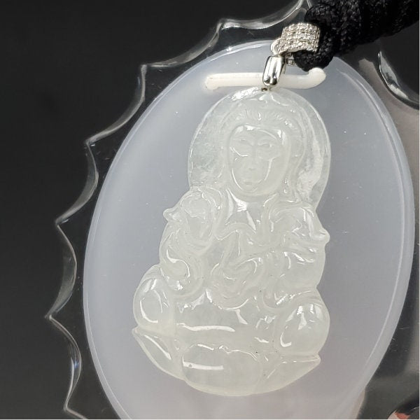 Yingmart High-quality  Jadeite Jade  White Guan-yin Buddha Burmese Myanmar Genuine Hand Craving  Pedant with S925 Hook with CZ Stone Embeded