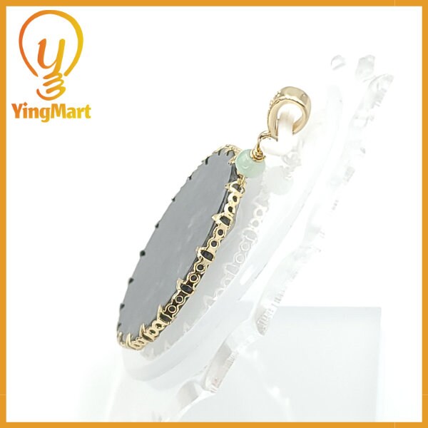 Yingmart Black Round Flat Pedant Burmese Myanmar Genuine Jadeite Jade Grade A Hand Craving Pedant S925 plated 14K Hook,  CZ Stone Embeded