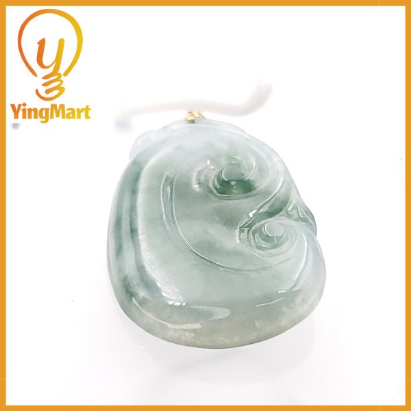 Yingmart  Semi-Translucent White Green Lucky Craving Ru-Yi Burmese Myanmar Genuine Jadeite Jade Grade A Hand Craving  Pedant, 18K Gold Hook