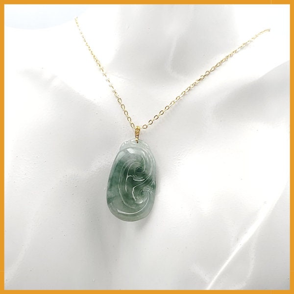 Yingmart  Semi-Translucent White Green Lucky Craving Ru-Yi Burmese Myanmar Genuine Jadeite Jade Grade A Hand Craving  Pedant, 18K Gold Hook