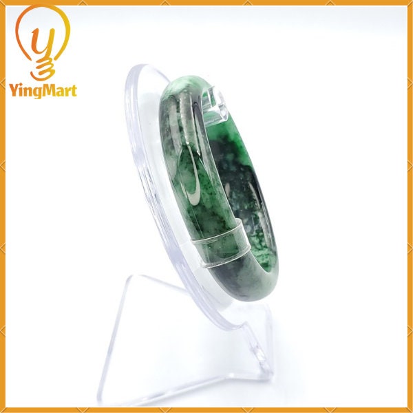 Yingmart 54mm PNJ Certified Natural Color Green With Black Brown Spot Jadeite Jade Bangle Bracelet, Real Gemstone, Jewelry