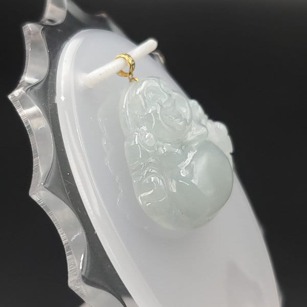 Yingmart White Semi-Translucent Laughing Buhdda Burmese Myanmar Genuine Jadeite Jade Grade A Hand Craving Pedant with 18K Gold Hook setting