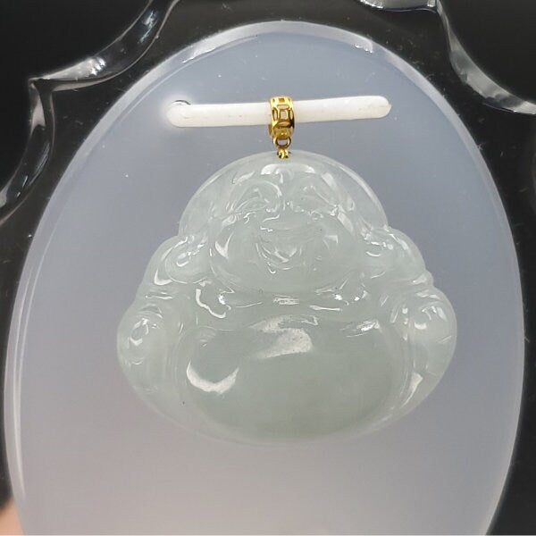 Yingmart White Semi-Translucent Laughing Buhdda Burmese Myanmar Genuine Jadeite Jade Grade A Hand Craving Pedant with 18K Gold Hook setting