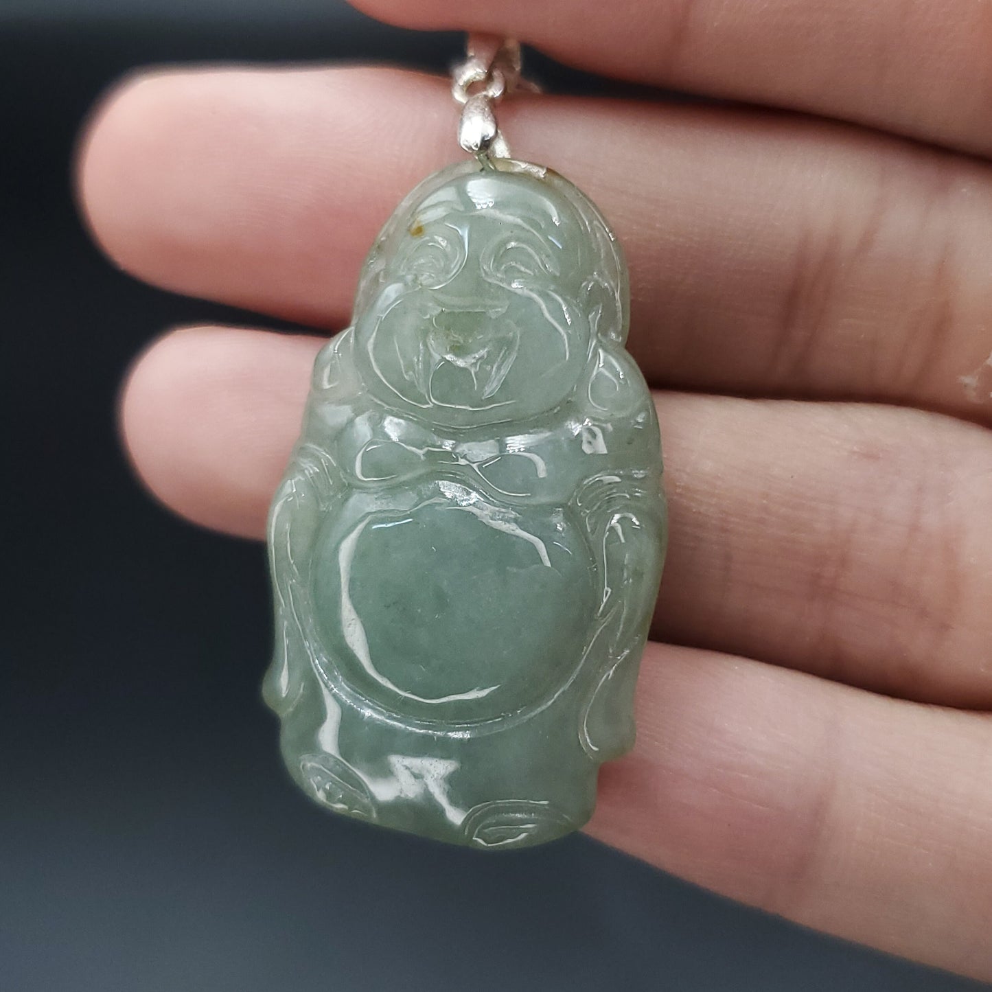 Yingmart Light Blue Laughing Buhdda Burmese Myanmar Genuine Jadeite Jade Grade A Hand Craving Pedant with Hook setting
