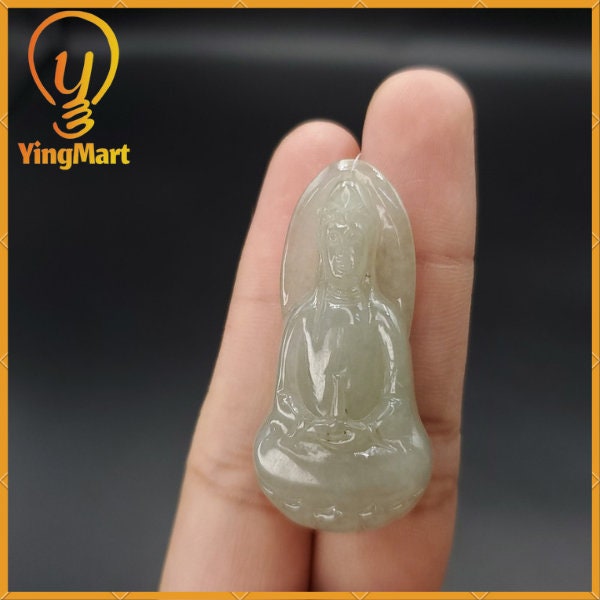 Yingmart White Guan-Yin Buhdda Burmese Myanmar Genuine Jadeite Jade Grade A Hand Craving Pedant