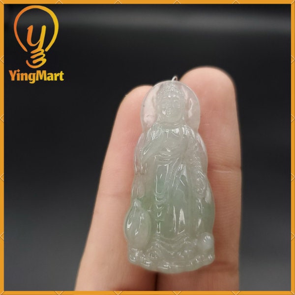 Yingmart Light Green Guan-Yin Buhdda  Burmese Myanmar Genuine Jadeite Jade Grade A Hand Craving Pedant