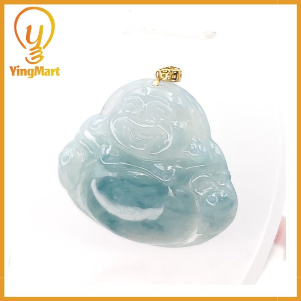 Yingmart 100% Genuine Rare  Blue Floating Laughing Buhdda Burmese Myanmar Authentic Jadeite Jade Grade A Hand Craving Pedant