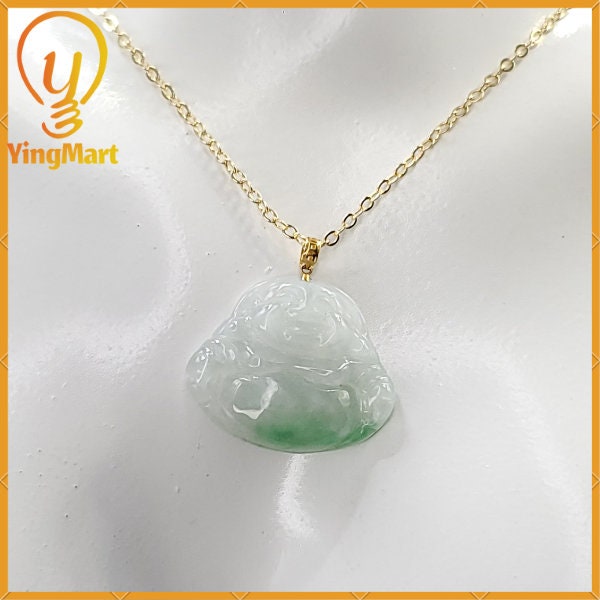 Yingmart Authentic White Apply Green Floating Laughing Buhdda Burmese Myanmar Genuine Jadeite Jade Grade A Hand Craving Pedant