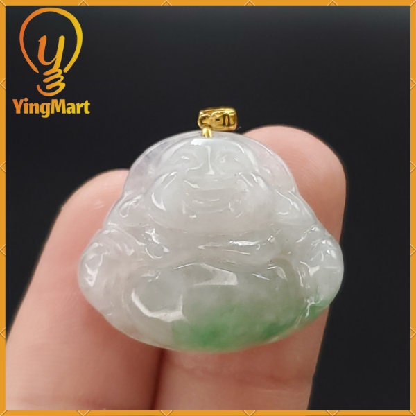 Yingmart Authentic White Apply Green Floating Laughing Buhdda Burmese Myanmar Genuine Jadeite Jade Grade A Hand Craving Pedant