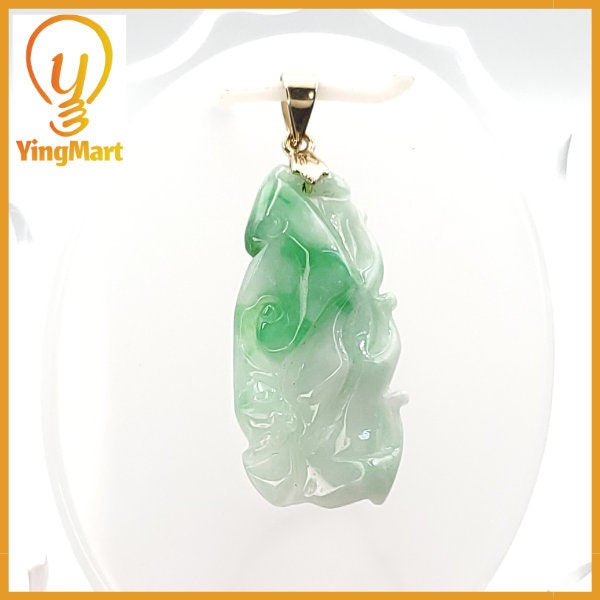 Yingmart  White Apple Green Grade A Jadeite Jade Bamboo Burmese Myanmar Genuine Hand Craving Pedant  with Metal plated 14K gold Hook