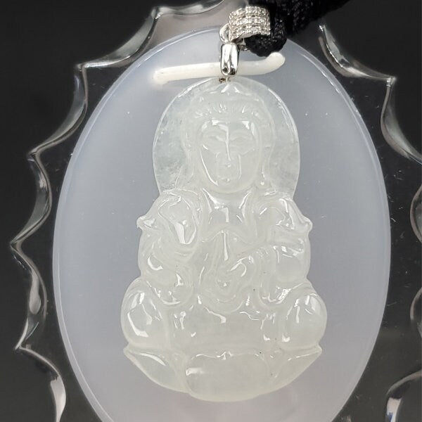 Yingmart High-quality  Jadeite Jade  White Guan-yin Buddha Burmese Myanmar Genuine Hand Craving  Pedant with S925 Hook with CZ Stone Embeded