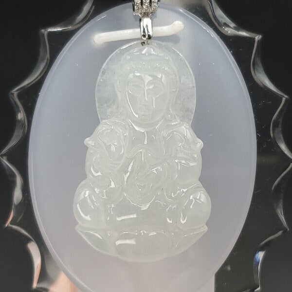 Yingmart High-quality  Jadeite Jade  White Guan-yin Buddha Burmese Myanmar Genuine Hand Craving  Pedant with S925 Hook with CZ Stone Embeded