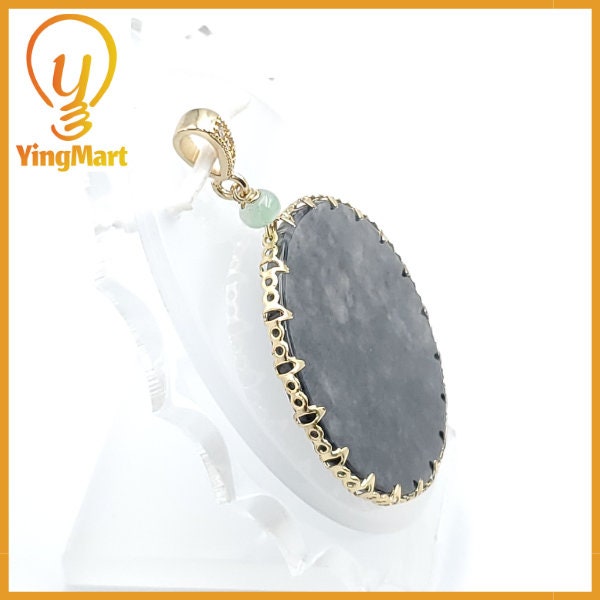 Yingmart Black Round Flat Pedant Burmese Myanmar Genuine Jadeite Jade Grade A Hand Craving Pedant S925 plated 14K Hook,  CZ Stone Embeded