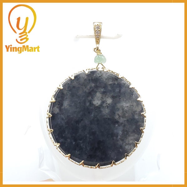 Yingmart Black Round Flat Pedant Burmese Myanmar Genuine Jadeite Jade Grade A Hand Craving Pedant S925 plated 14K Hook,  CZ Stone Embeded