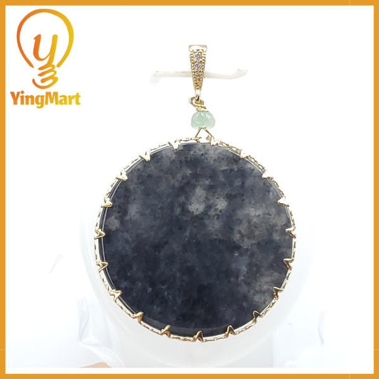 Yingmart Black Round Flat Pedant Burmese Myanmar Genuine Jadeite Jade Grade A Hand Craving Pedant S925 plated 14K Hook,  CZ Stone Embeded