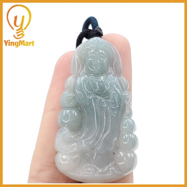 Yingmart Light Blue Guan-yin Buhda Burmese Myanmar Genuine Jadeite Jade Grade A Hand Craving Semi-Translucent Pedant
