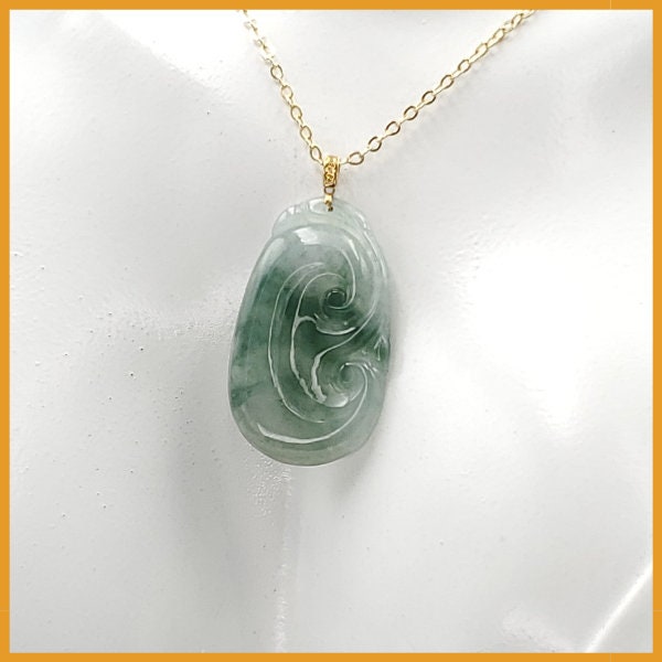 Yingmart  Semi-Translucent White Green Lucky Craving Ru-Yi Burmese Myanmar Genuine Jadeite Jade Grade A Hand Craving  Pedant, 18K Gold Hook