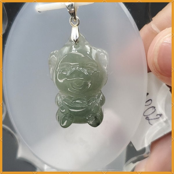 Yingmart Light Blue Piggy Burmese Myanmar Genuine Jadeite Jade Grade A Hand Craving Pedant with Hook setting